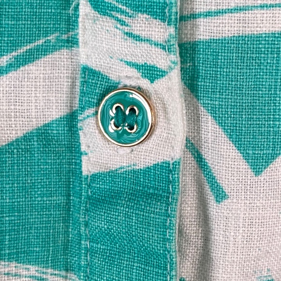 JM Collection Linen Roll-Tab Sleeve Abstract Print Top Plus Size 16W Aqua White - Picture 8 of 15